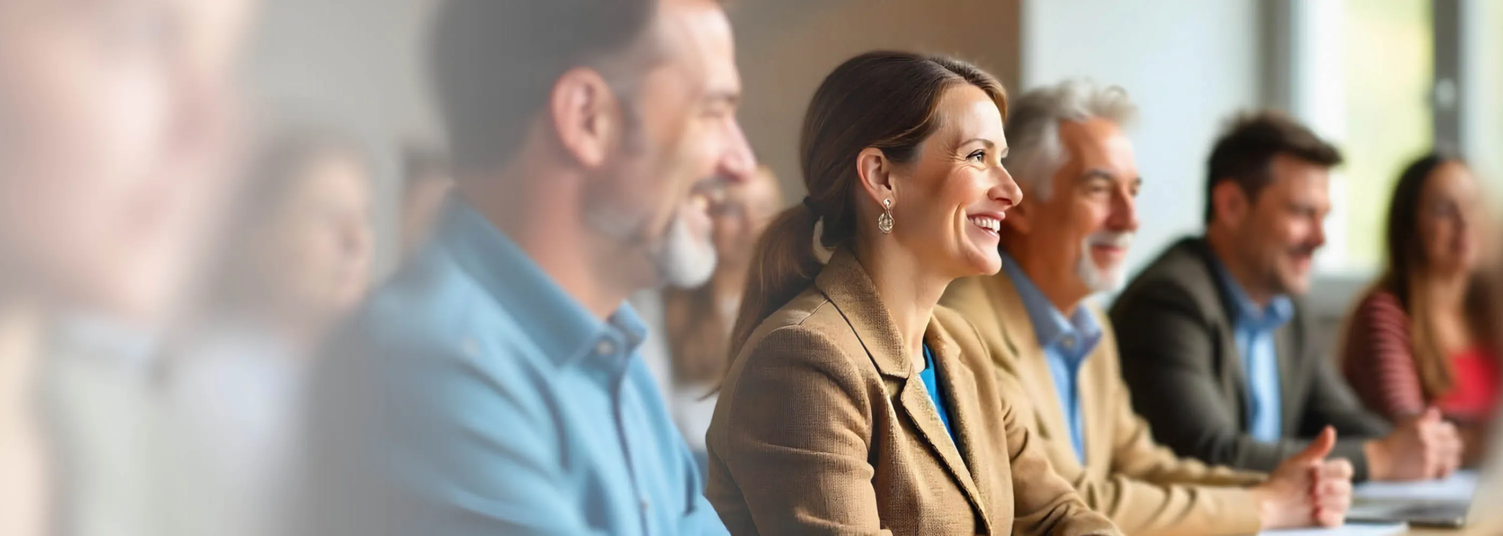 Plusieurs personnes assises à des tables dans une pièce, souriantes et regardant vers l'avant.