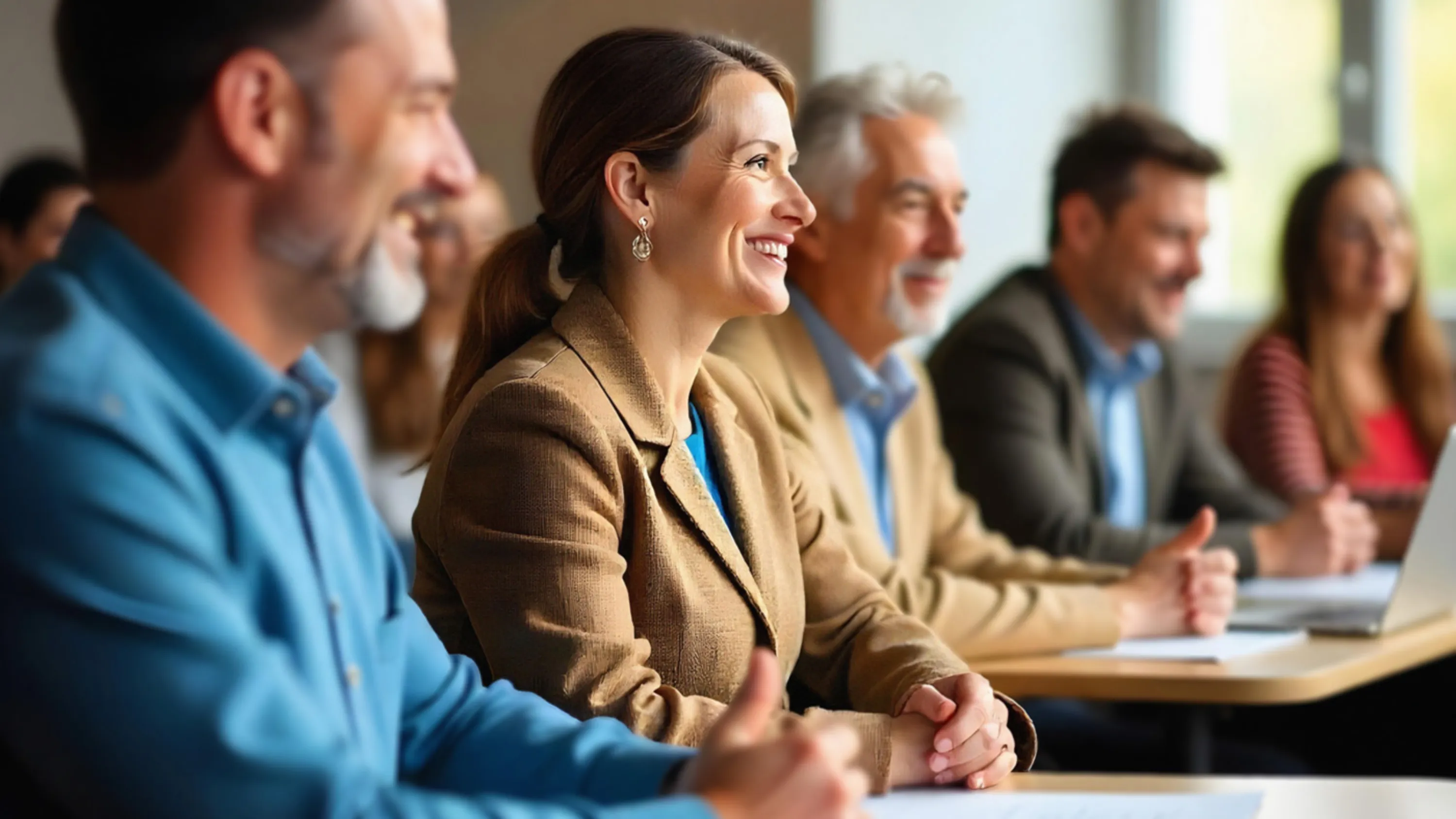 Eine Gruppe von Menschen sitzt an Pulten im Rahmen einer Weiterbildung.
