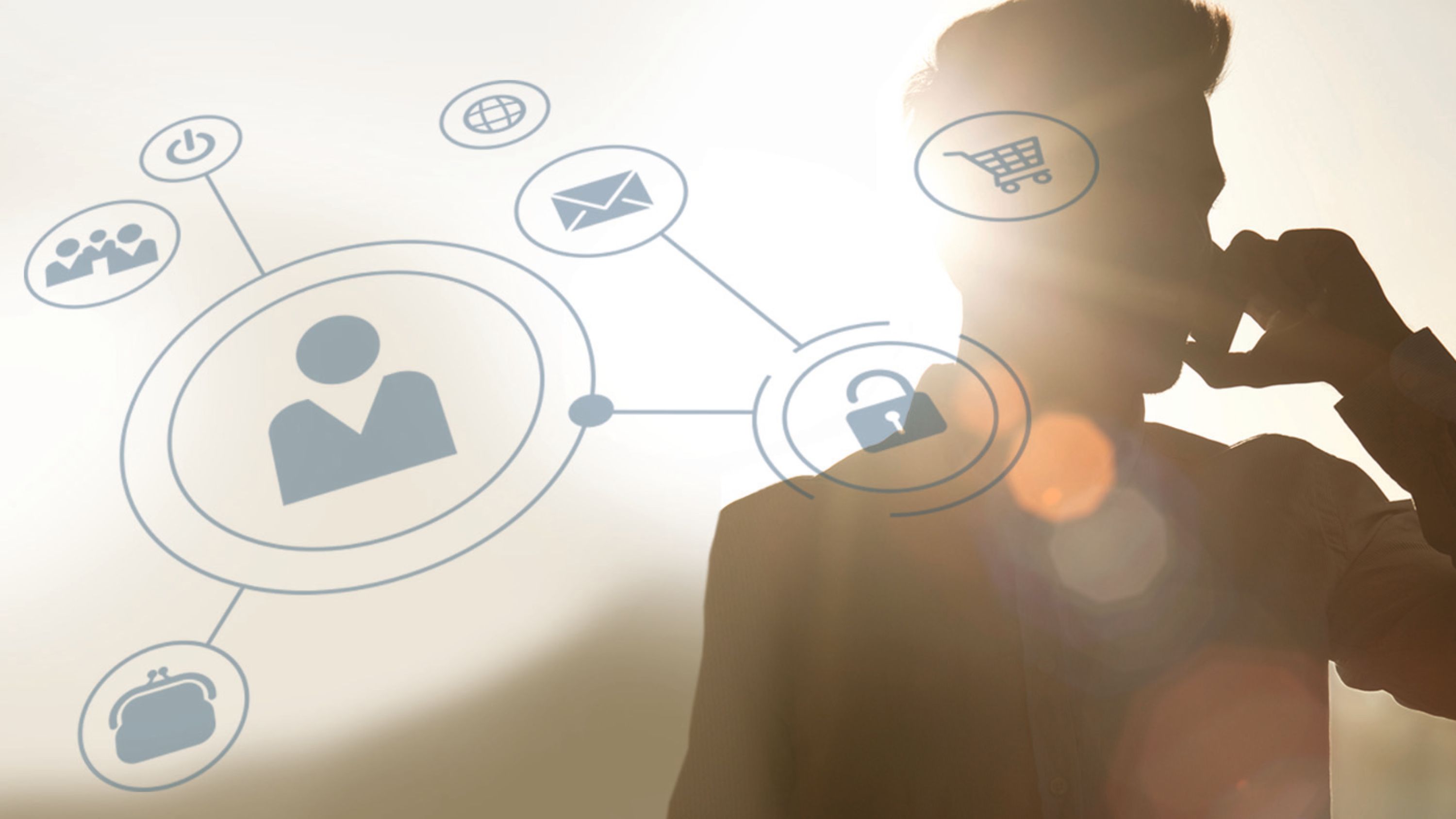 Computergenierte Grafik, die Datennetzwerk darstellt und im Hintergrund ist ein Herr am Telefon zu sehen.