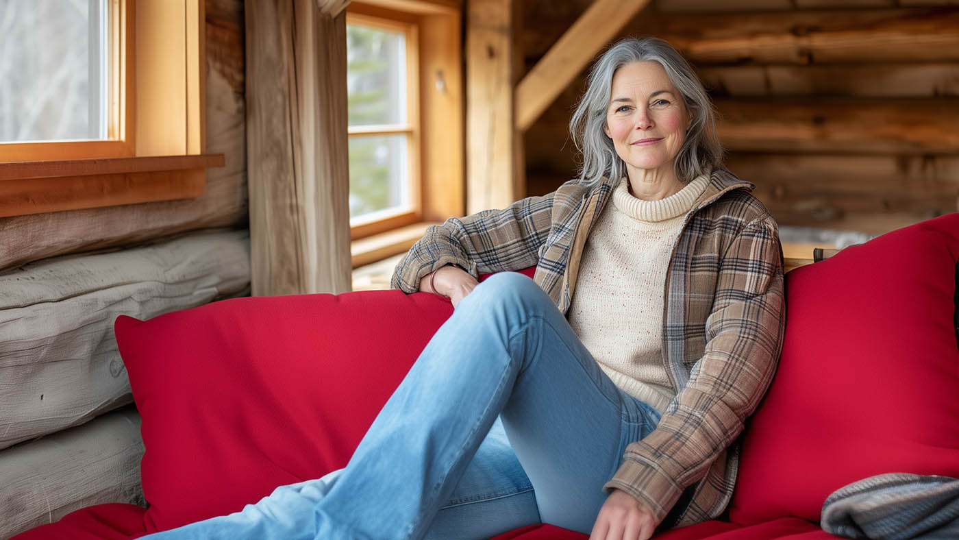 Eine Frau sitzt in einem Holzhaus auf dem Sofa und lächelt