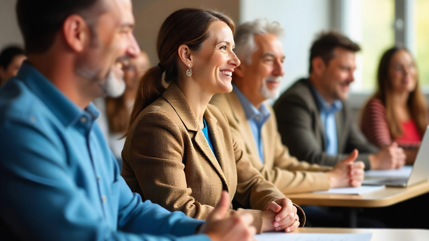 Eine Gruppe von Menschen sitzt an Pulten im Rahmen einer Weiterbildung.